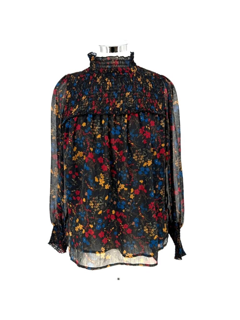 Laundry Romantic Moody Black Sheer Floral Smocked High Neck Blouse Size Medium